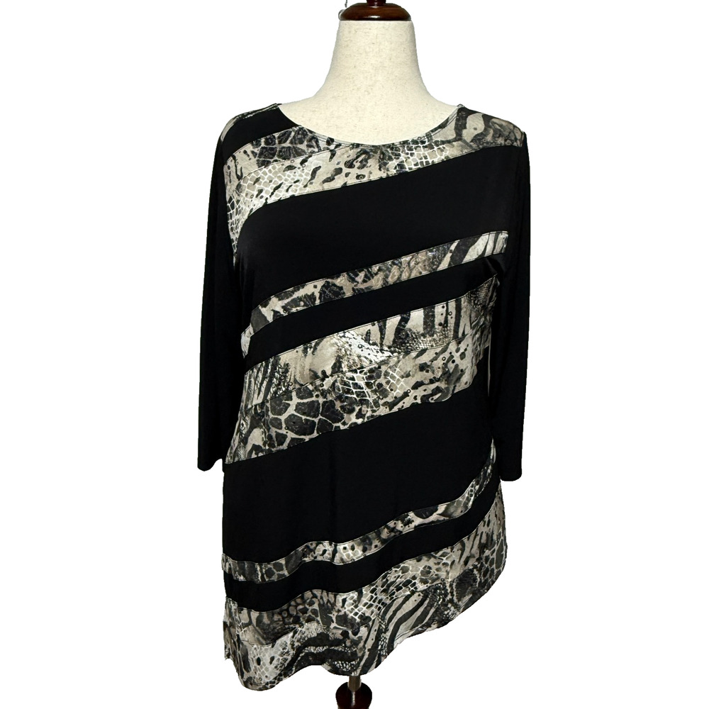 Chicos Travelers Top Womens Large 2 Black Animal Print Asymmetrical Hem Slinky